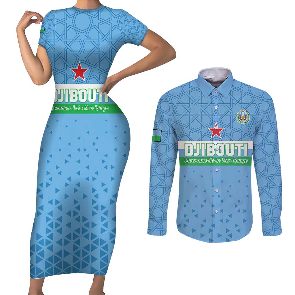 Custom Djibouti Football Couples Matching Short Sleeve Bodycon Dress and Long Sleeve Button Shirt Come On Riverains de la Mer Rouge