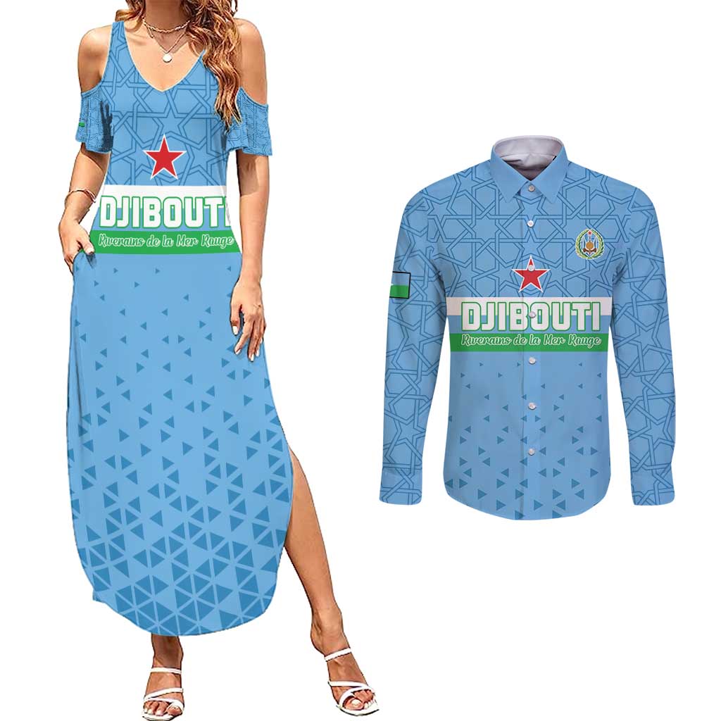 Custom Djibouti Football Couples Matching Summer Maxi Dress and Long Sleeve Button Shirt Come On Riverains de la Mer Rouge