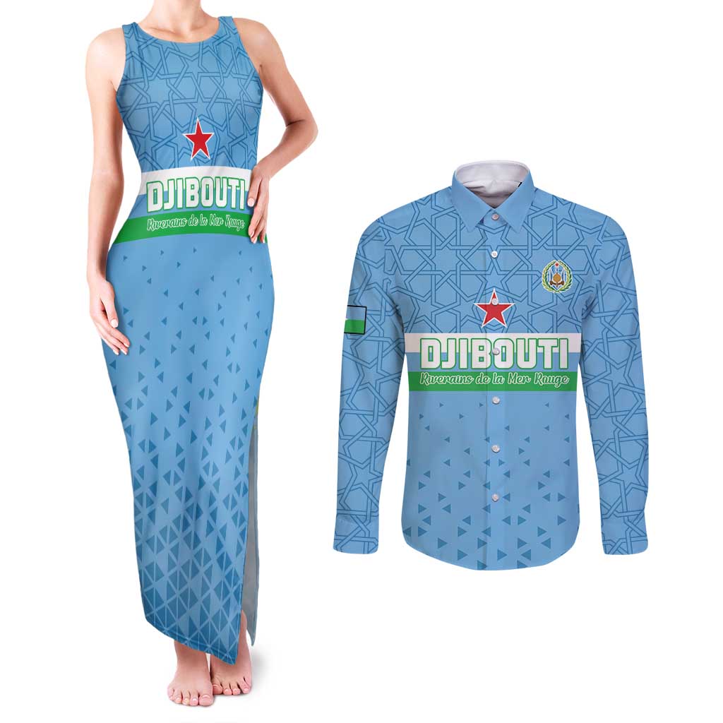Custom Djibouti Football Couples Matching Tank Maxi Dress and Long Sleeve Button Shirt Come On Riverains de la Mer Rouge