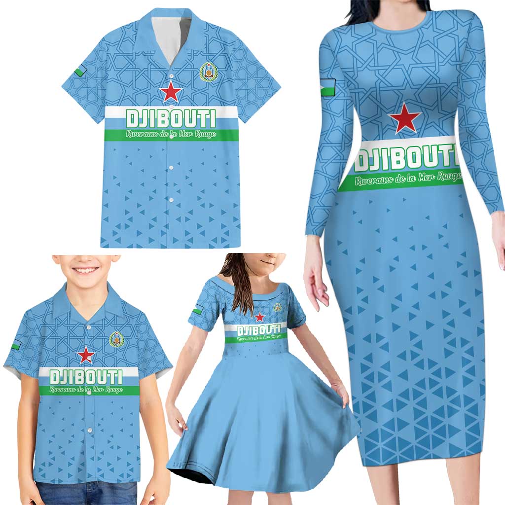 Custom Djibouti Football Family Matching Long Sleeve Bodycon Dress and Hawaiian Shirt Come On Riverains de la Mer Rouge
