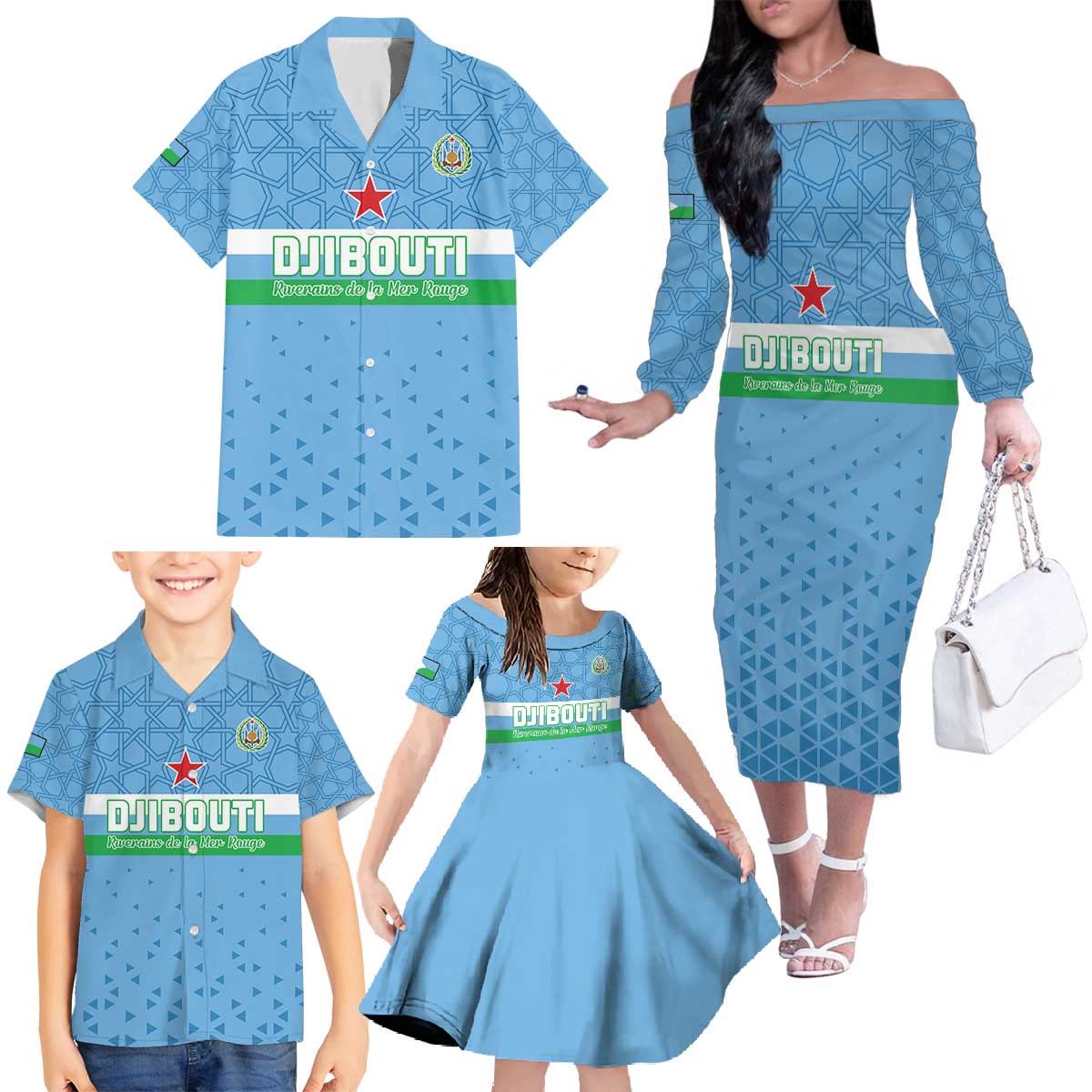 Custom Djibouti Football Family Matching Off The Shoulder Long Sleeve Dress and Hawaiian Shirt Come On Riverains de la Mer Rouge