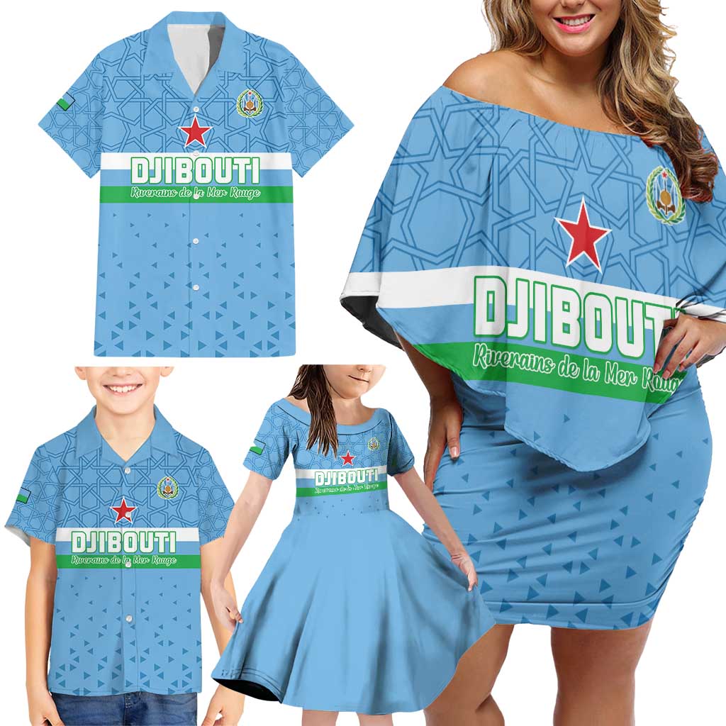 Custom Djibouti Football Family Matching Off Shoulder Short Dress and Hawaiian Shirt Come On Riverains de la Mer Rouge