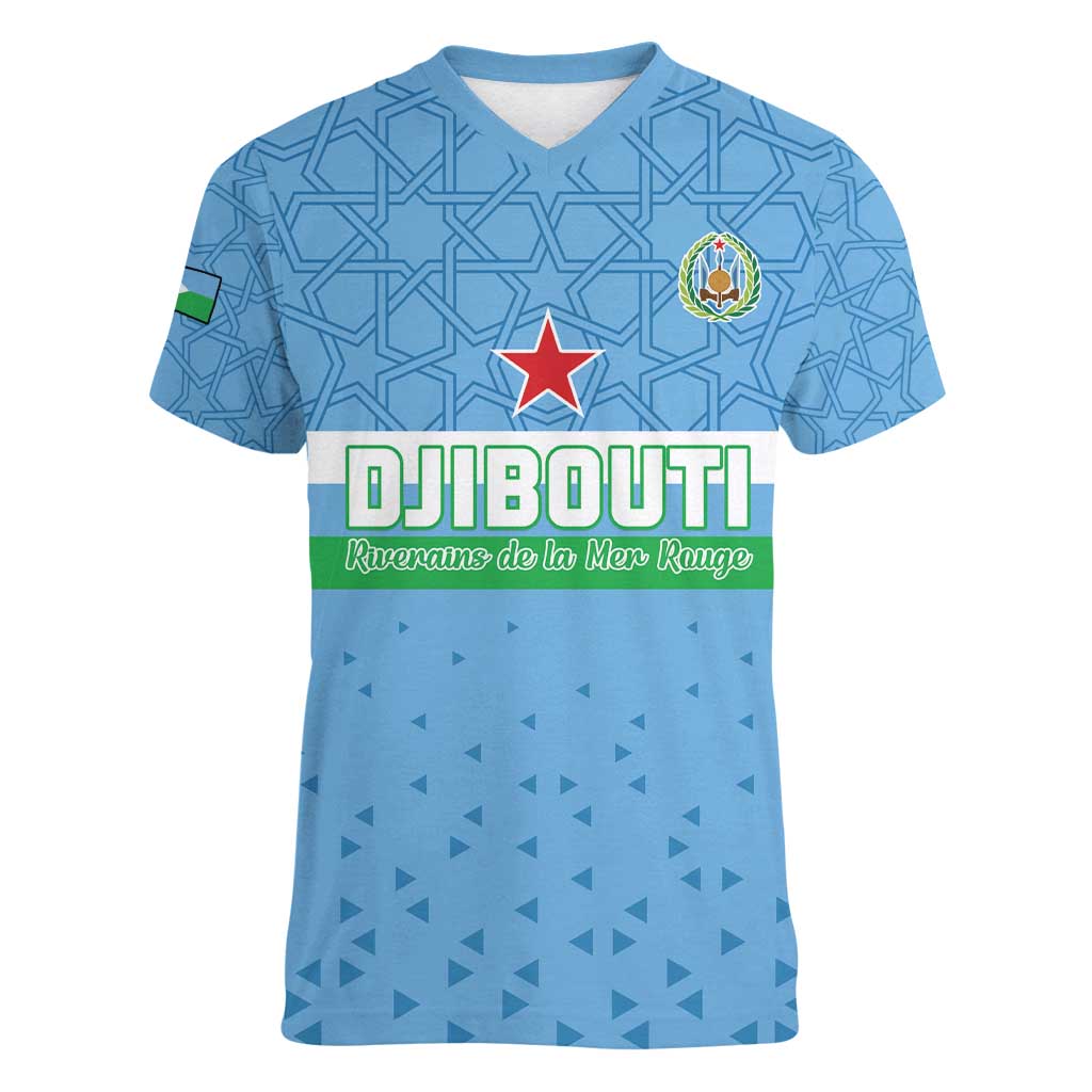 Custom Djibouti Football Women V-Neck T-Shirt Come On Riverains de la Mer Rouge