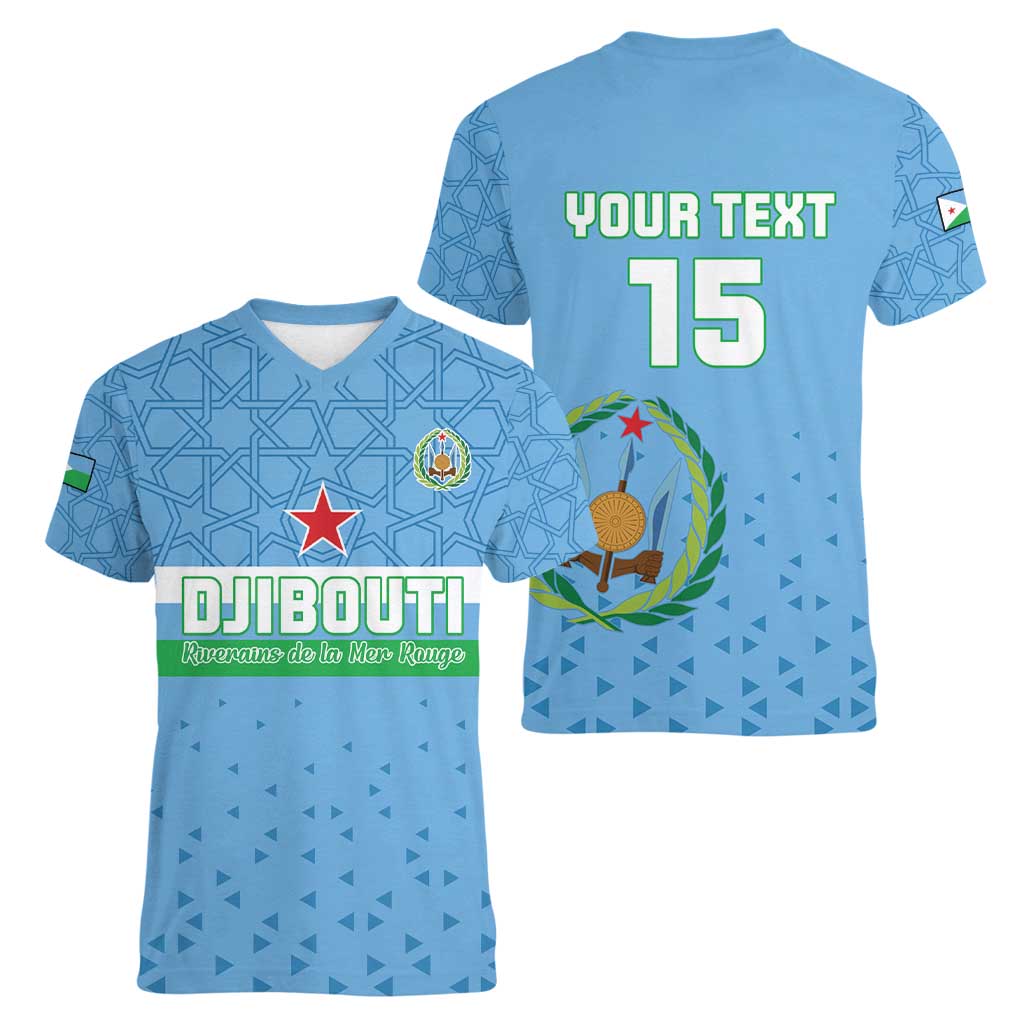 Custom Djibouti Football Women V-Neck T-Shirt Come On Riverains de la Mer Rouge
