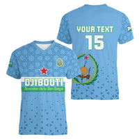 Custom Djibouti Football Women V-Neck T-Shirt Come On Riverains de la Mer Rouge