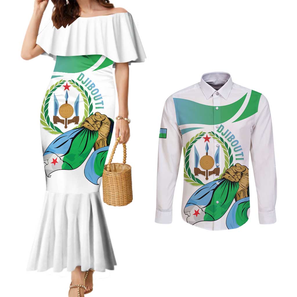 Personalized Djibouti Independence Day Couples Matching Mermaid Dress and Long Sleeve Button Shirt Midnimo Sinnaan Nabad