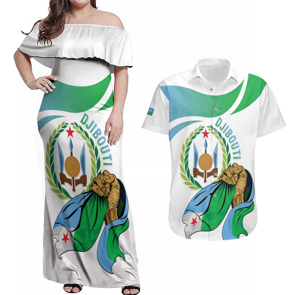 Personalized Djibouti Independence Day Couples Matching Off Shoulder Maxi Dress and Hawaiian Shirt Midnimo Sinnaan Nabad