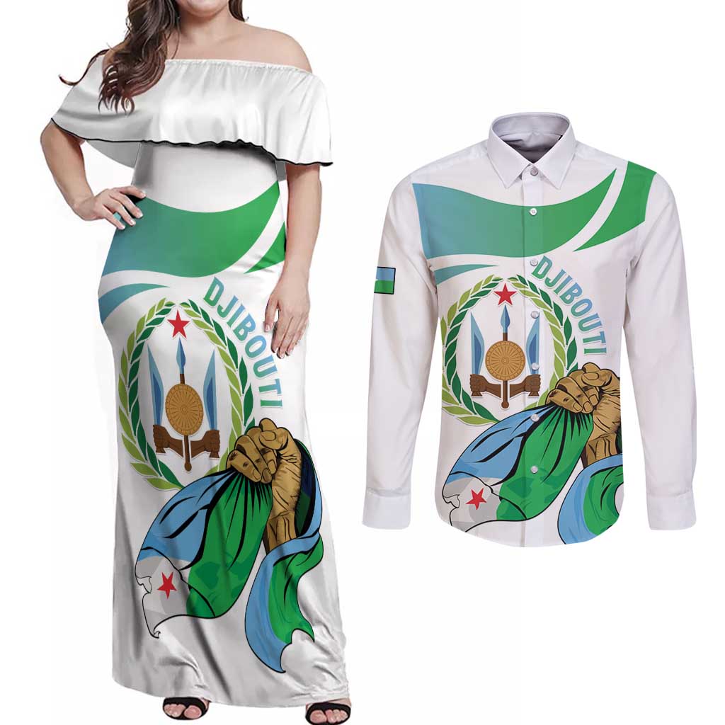 Personalized Djibouti Independence Day Couples Matching Off Shoulder Maxi Dress and Long Sleeve Button Shirt Midnimo Sinnaan Nabad