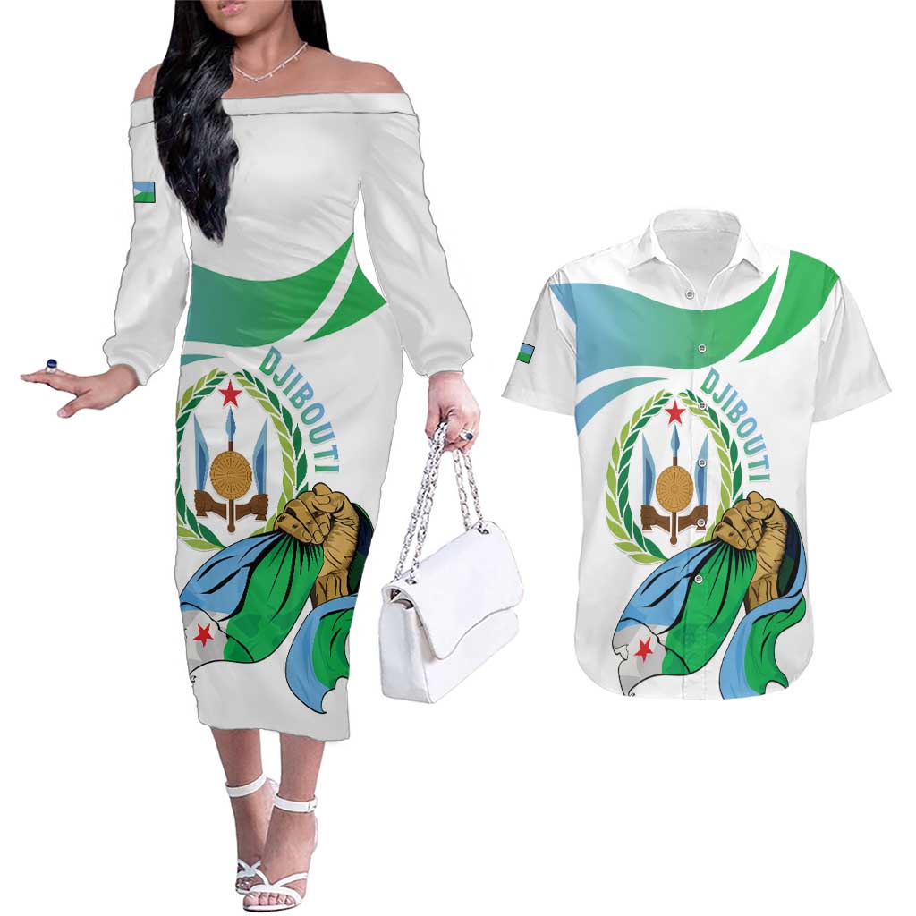Personalized Djibouti Independence Day Couples Matching Off The Shoulder Long Sleeve Dress and Hawaiian Shirt Midnimo Sinnaan Nabad