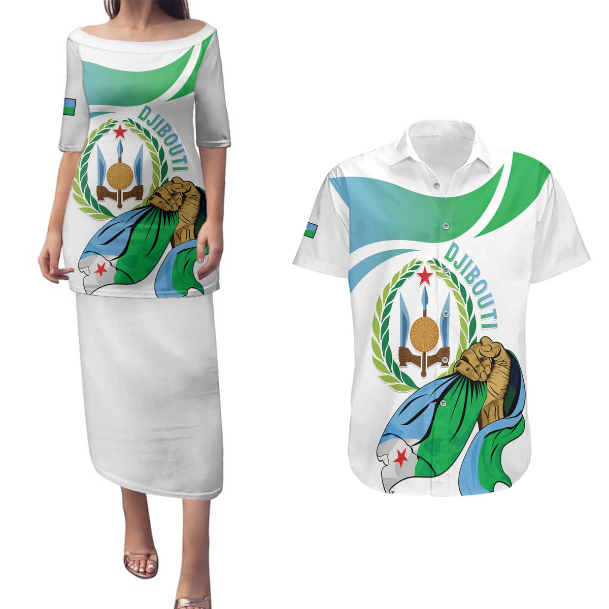 Personalized Djibouti Independence Day Couples Matching Puletasi and Hawaiian Shirt Midnimo Sinnaan Nabad