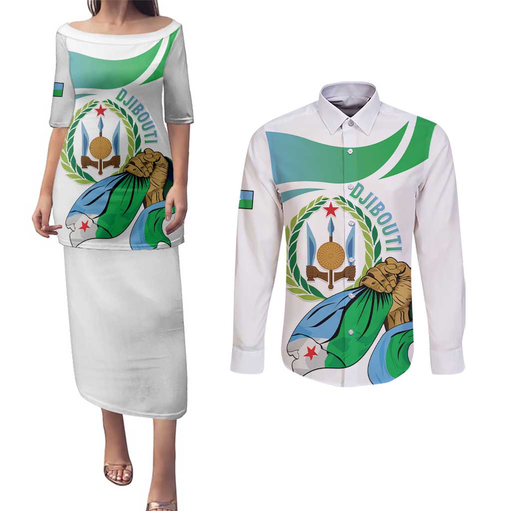 Personalized Djibouti Independence Day Couples Matching Puletasi and Long Sleeve Button Shirt Midnimo Sinnaan Nabad