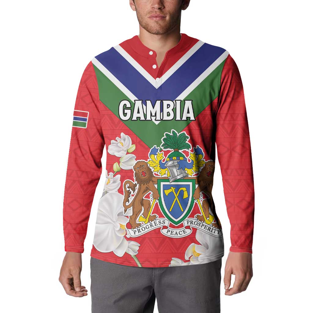 Personalized Gambia Button Sweatshirt Coat Of Arms White Variety Orchid