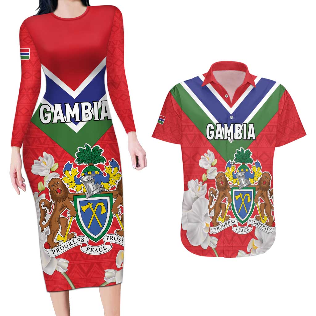 Personalized Gambia Couples Matching Long Sleeve Bodycon Dress and Hawaiian Shirt Coat Of Arms White Variety Orchid
