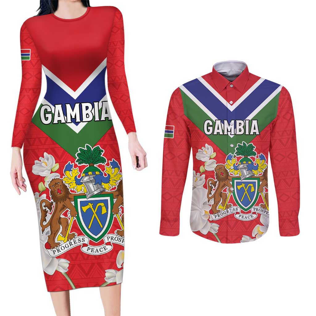 Personalized Gambia Couples Matching Long Sleeve Bodycon Dress and Long Sleeve Button Shirt Coat Of Arms White Variety Orchid