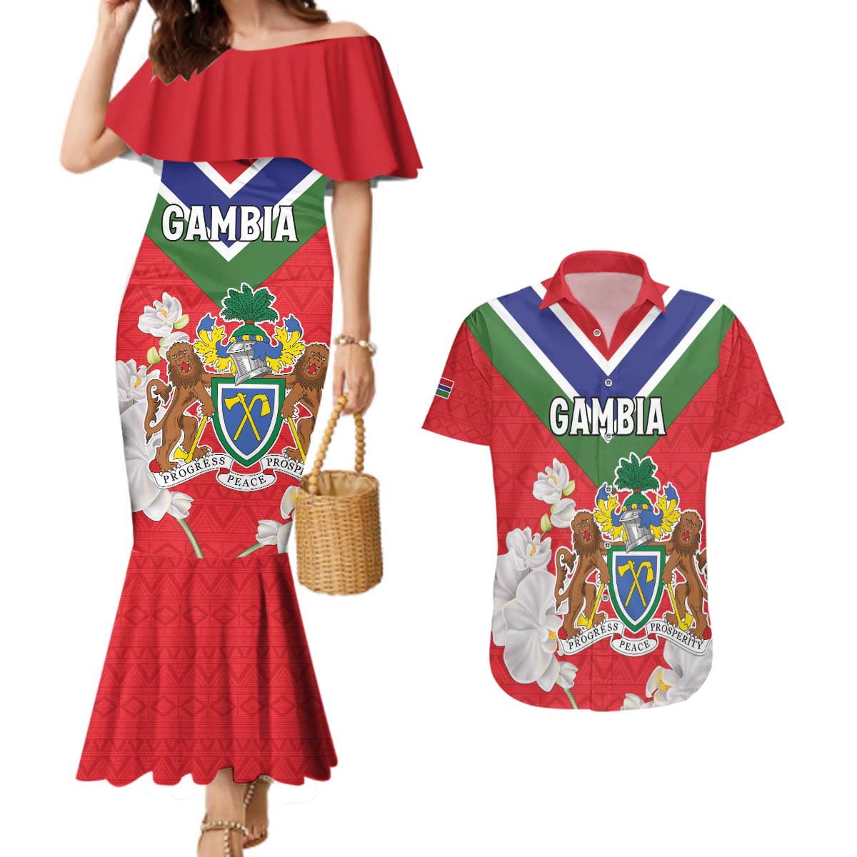 Personalized Gambia Couples Matching Mermaid Dress and Hawaiian Shirt Coat Of Arms White Variety Orchid