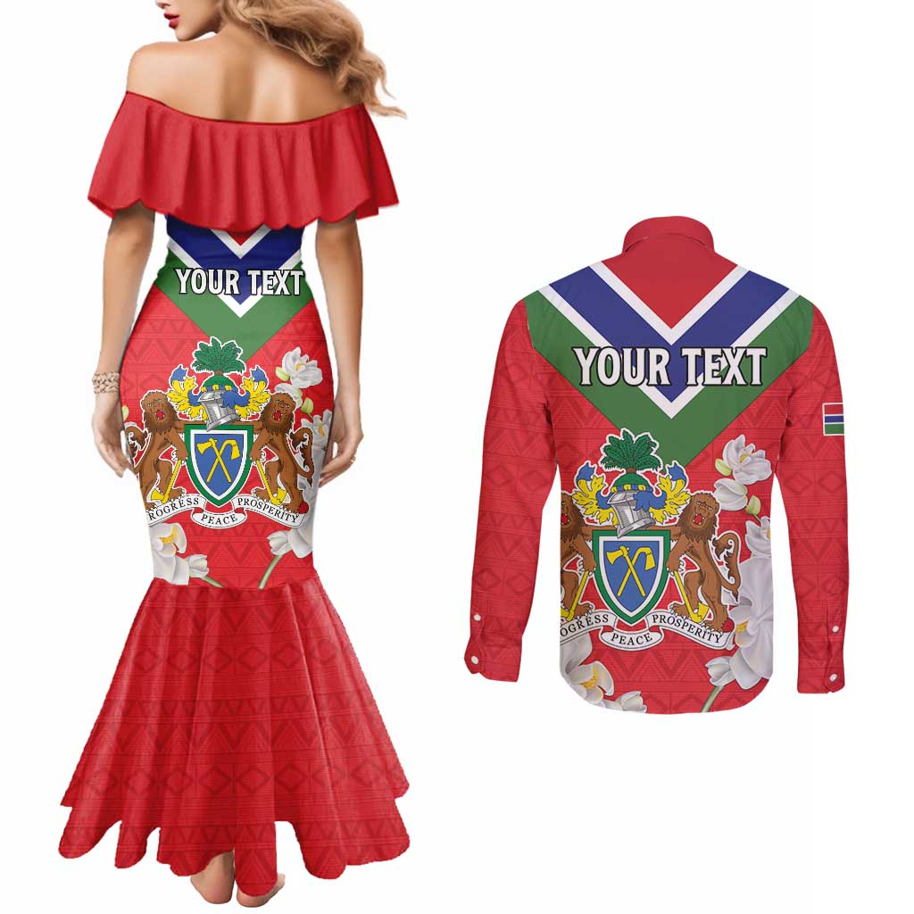 Personalized Gambia Couples Matching Mermaid Dress and Long Sleeve Button Shirt Coat Of Arms White Variety Orchid