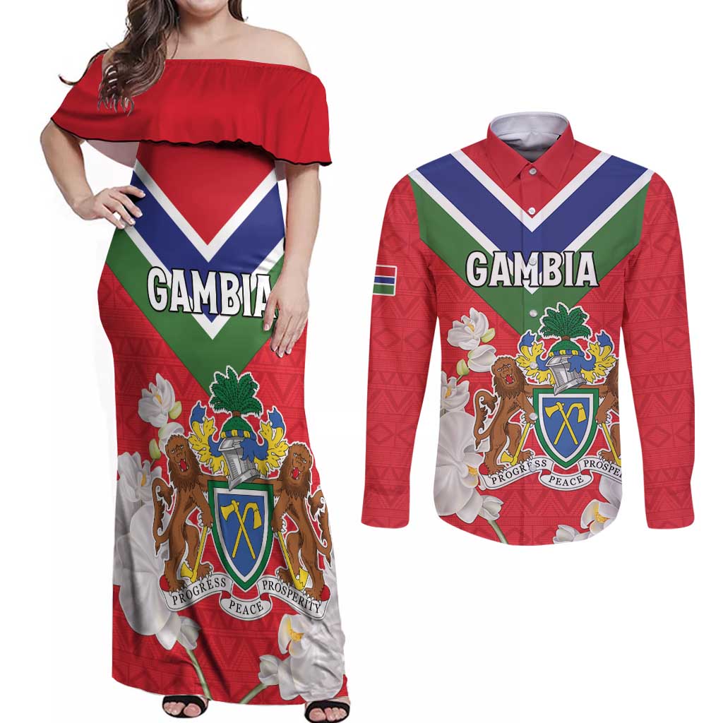 Personalized Gambia Couples Matching Off Shoulder Maxi Dress and Long Sleeve Button Shirt Coat Of Arms White Variety Orchid