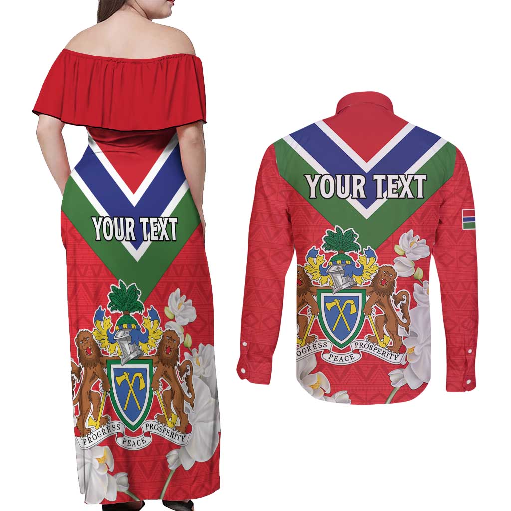 Personalized Gambia Couples Matching Off Shoulder Maxi Dress and Long Sleeve Button Shirt Coat Of Arms White Variety Orchid