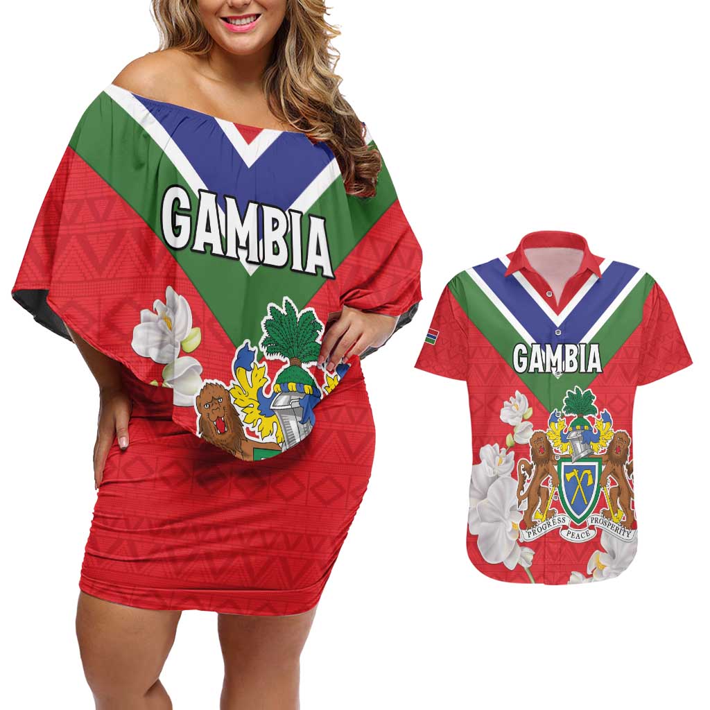 Personalized Gambia Couples Matching Off Shoulder Short Dress and Hawaiian Shirt Coat Of Arms White Variety Orchid