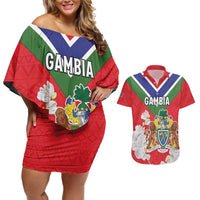 Personalized Gambia Couples Matching Off Shoulder Short Dress and Hawaiian Shirt Coat Of Arms White Variety Orchid
