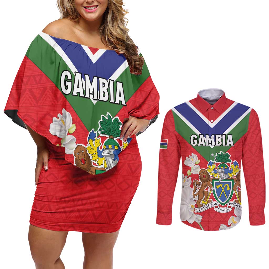 Personalized Gambia Couples Matching Off Shoulder Short Dress and Long Sleeve Button Shirt Coat Of Arms White Variety Orchid
