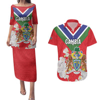 Personalized Gambia Couples Matching Puletasi and Hawaiian Shirt Coat Of Arms White Variety Orchid
