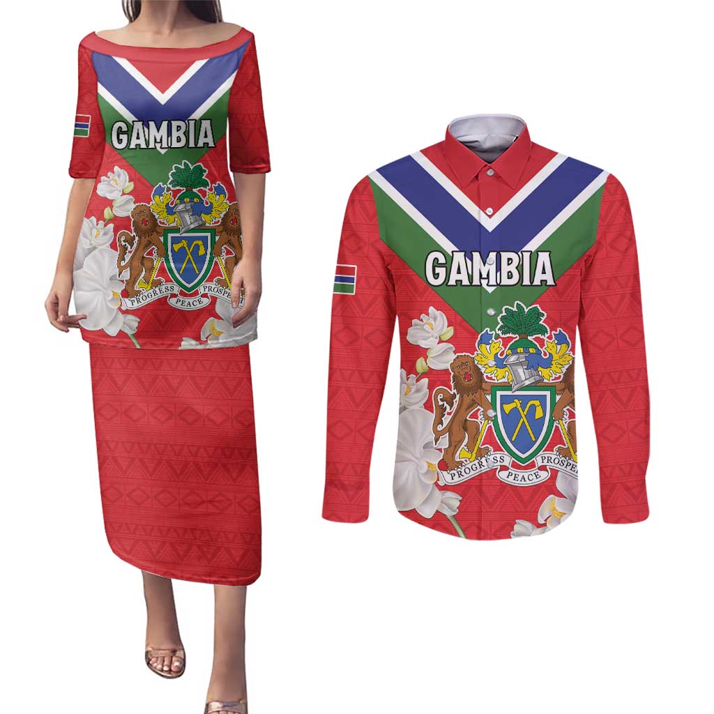 Personalized Gambia Couples Matching Puletasi and Long Sleeve Button Shirt Coat Of Arms White Variety Orchid