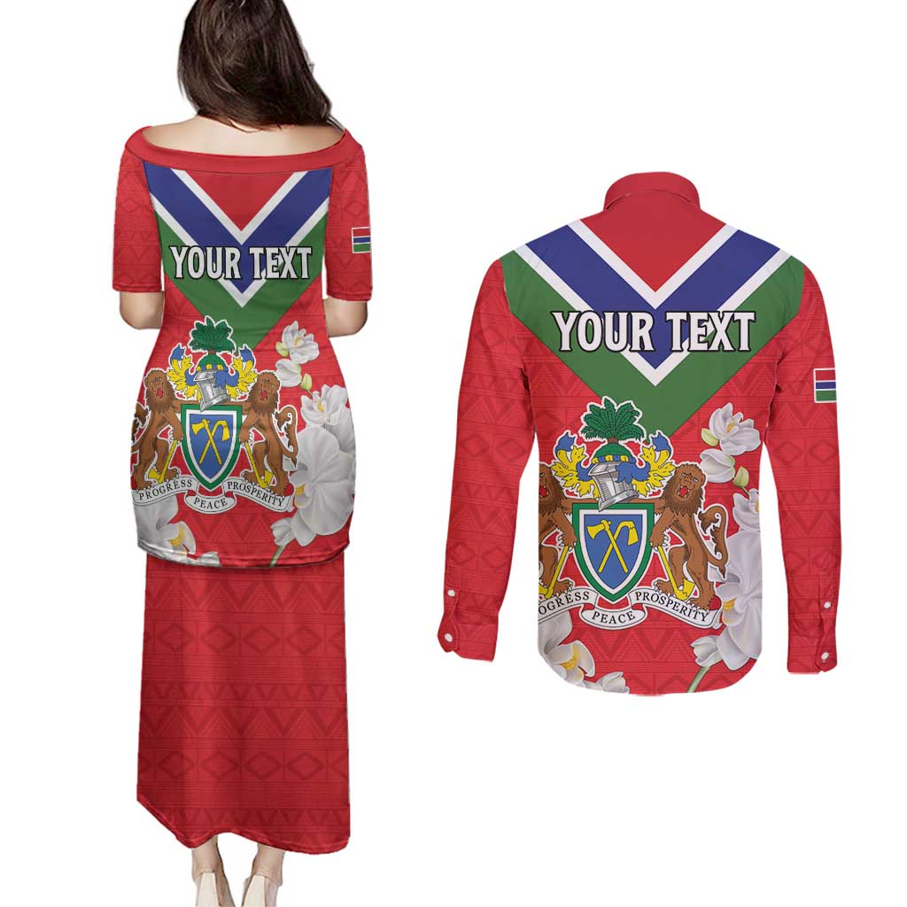 Personalized Gambia Couples Matching Puletasi and Long Sleeve Button Shirt Coat Of Arms White Variety Orchid