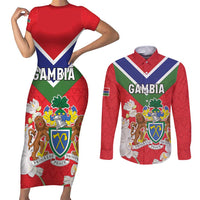 Personalized Gambia Couples Matching Short Sleeve Bodycon Dress and Long Sleeve Button Shirt Coat Of Arms White Variety Orchid