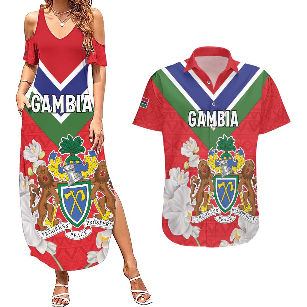 Personalized Gambia Couples Matching Summer Maxi Dress and Hawaiian Shirt Coat Of Arms White Variety Orchid