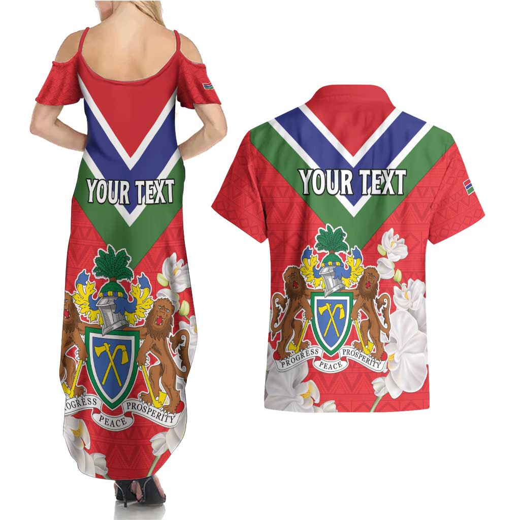 Personalized Gambia Couples Matching Summer Maxi Dress and Hawaiian Shirt Coat Of Arms White Variety Orchid