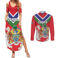 Personalized Gambia Couples Matching Summer Maxi Dress and Long Sleeve Button Shirt Coat Of Arms White Variety Orchid