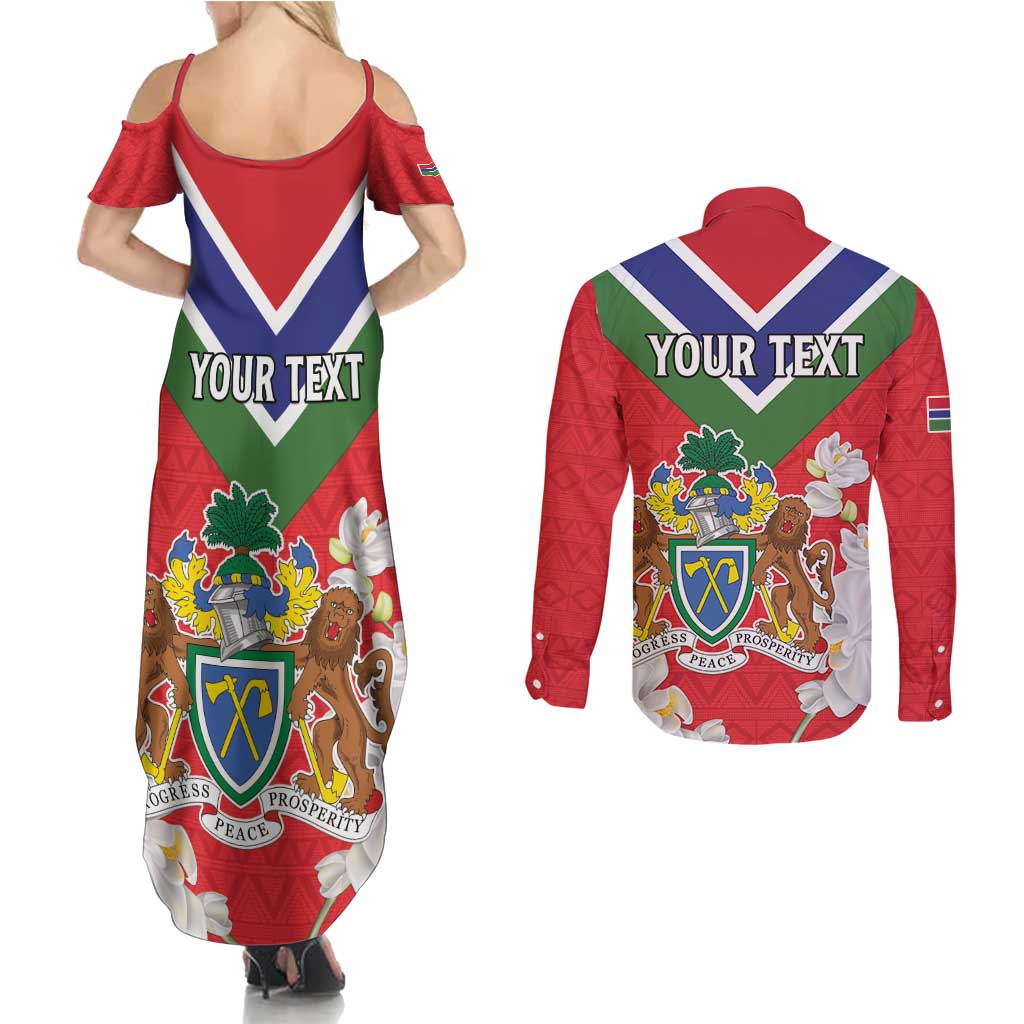 Personalized Gambia Couples Matching Summer Maxi Dress and Long Sleeve Button Shirt Coat Of Arms White Variety Orchid