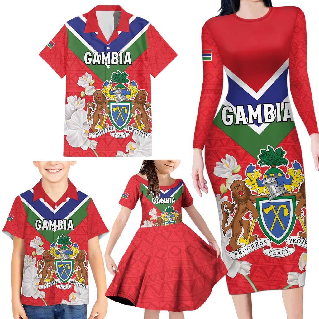 Personalized Gambia Family Matching Long Sleeve Bodycon Dress and Hawaiian Shirt Coat Of Arms White Variety Orchid