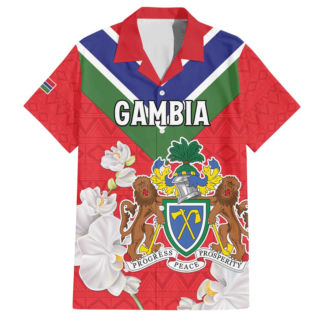 Personalized Gambia Family Matching Long Sleeve Bodycon Dress and Hawaiian Shirt Coat Of Arms White Variety Orchid