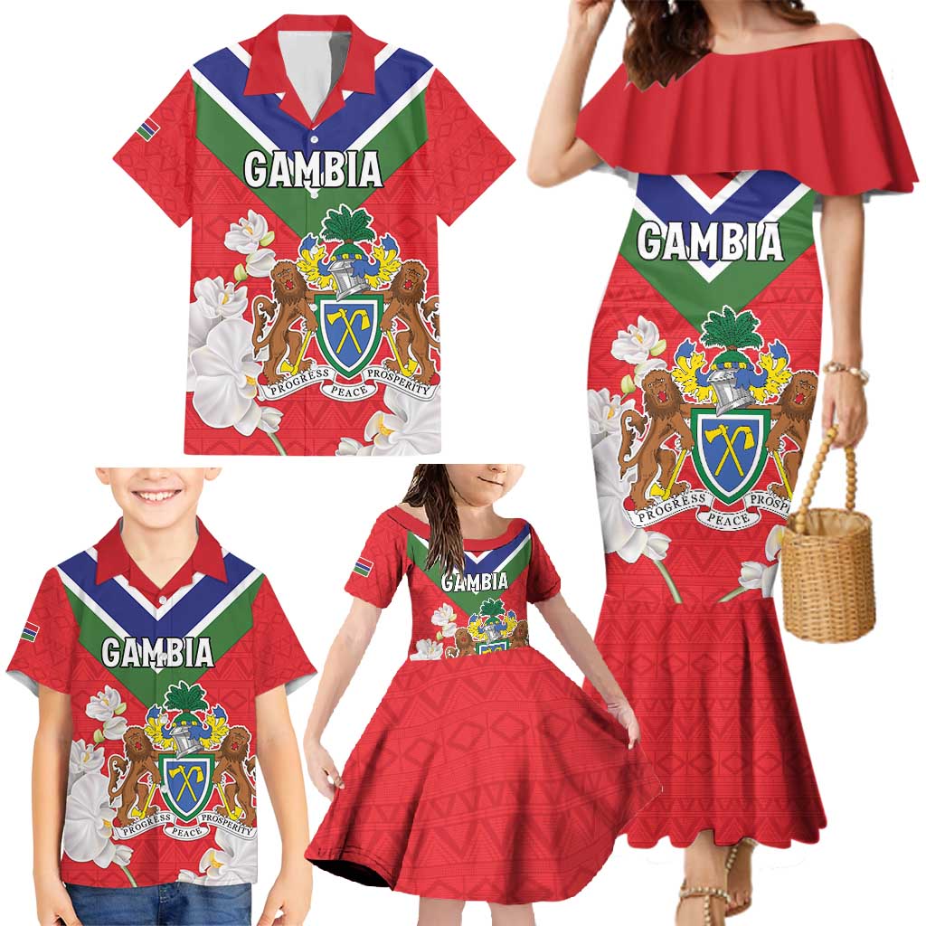 Personalized Gambia Family Matching Mermaid Dress and Hawaiian Shirt Coat Of Arms White Variety Orchid