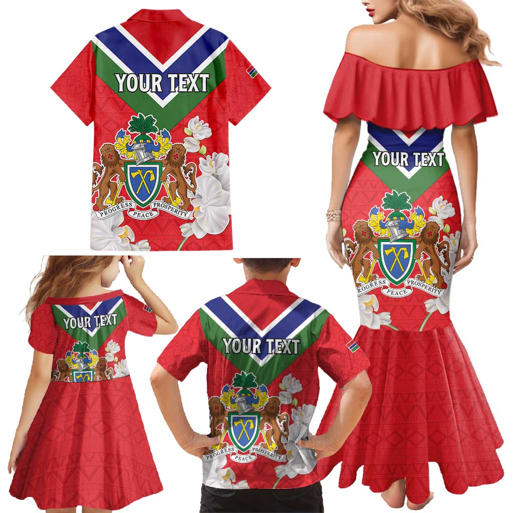 Personalized Gambia Family Matching Mermaid Dress and Hawaiian Shirt Coat Of Arms White Variety Orchid