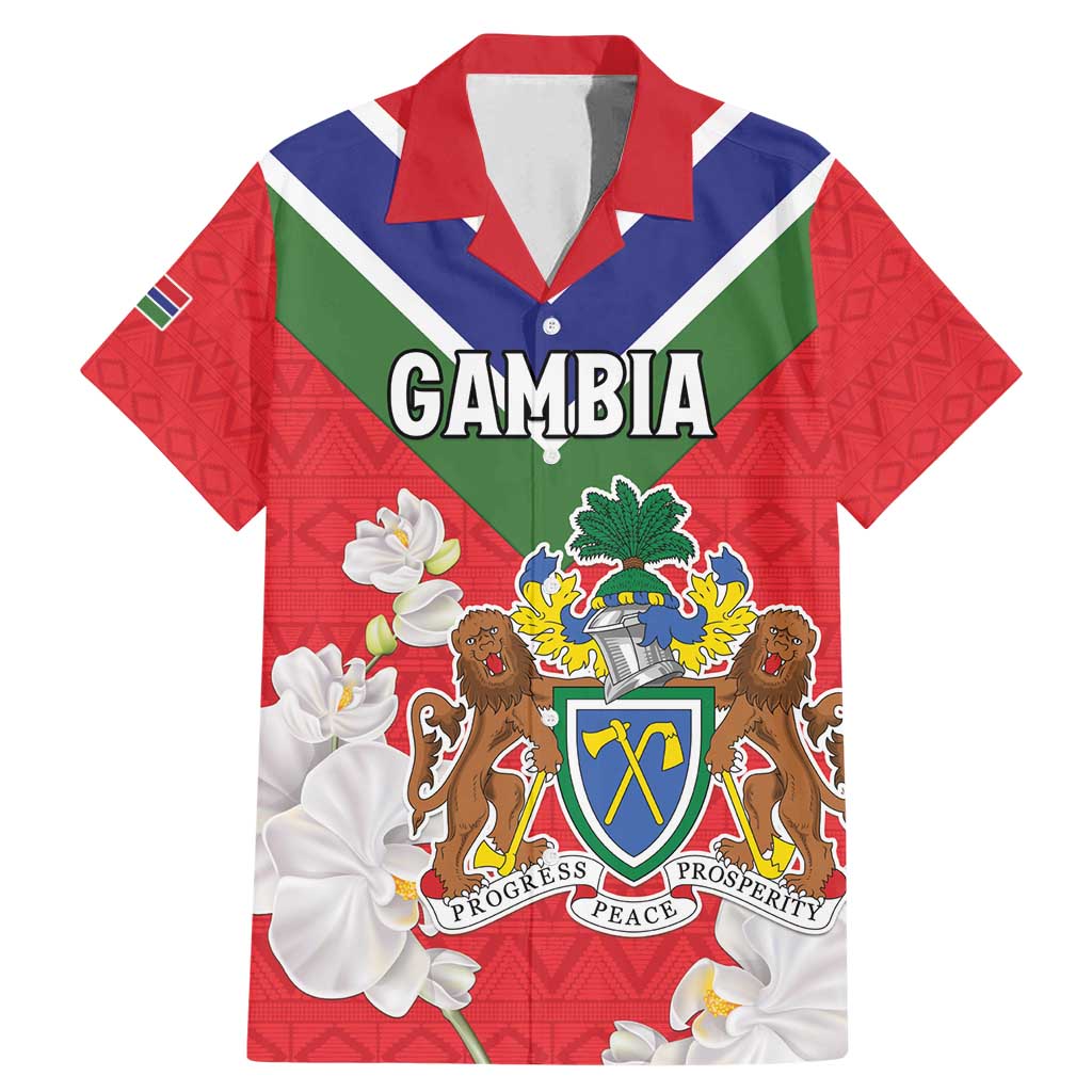 Personalized Gambia Family Matching Mermaid Dress and Hawaiian Shirt Coat Of Arms White Variety Orchid