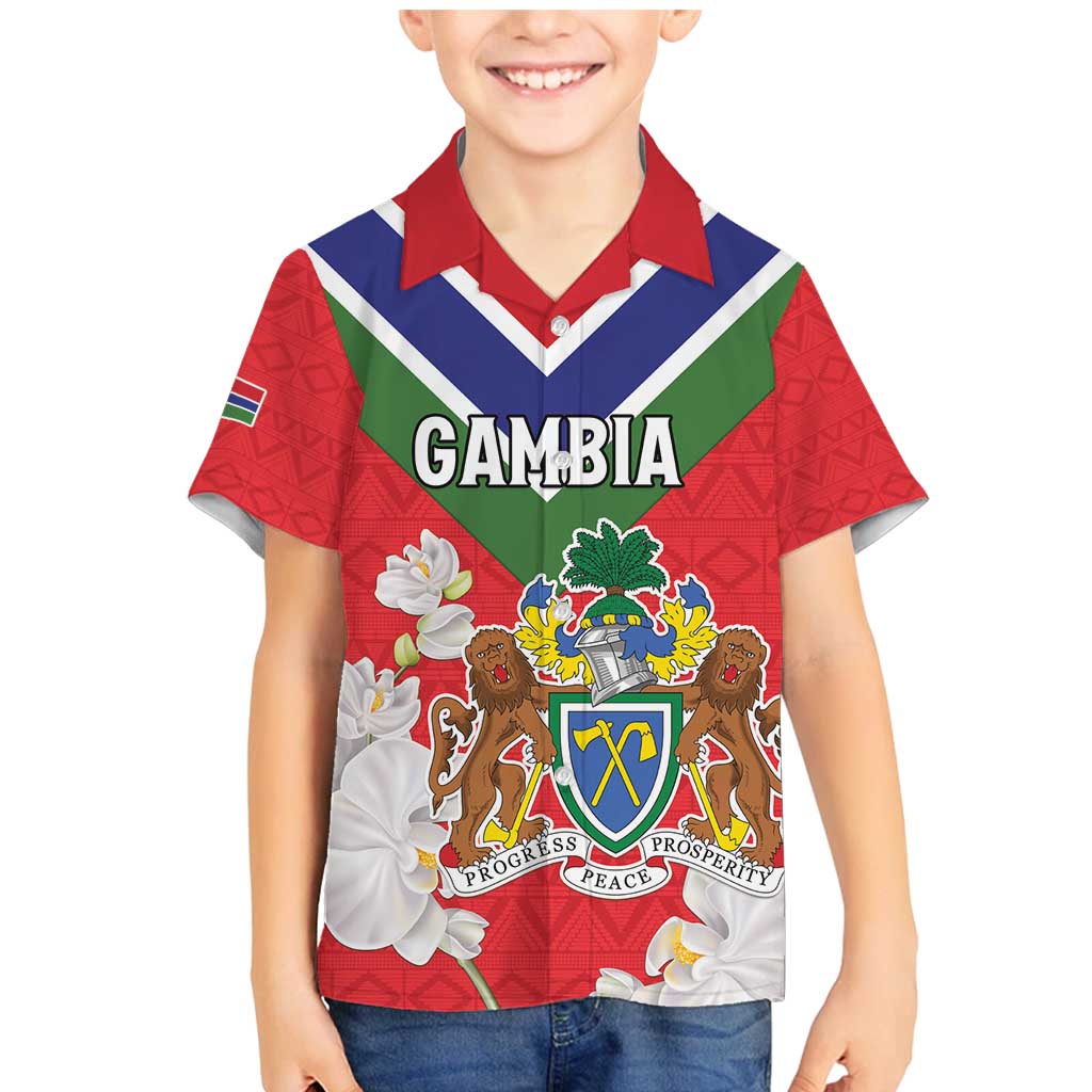 Personalized Gambia Family Matching Mermaid Dress and Hawaiian Shirt Coat Of Arms White Variety Orchid
