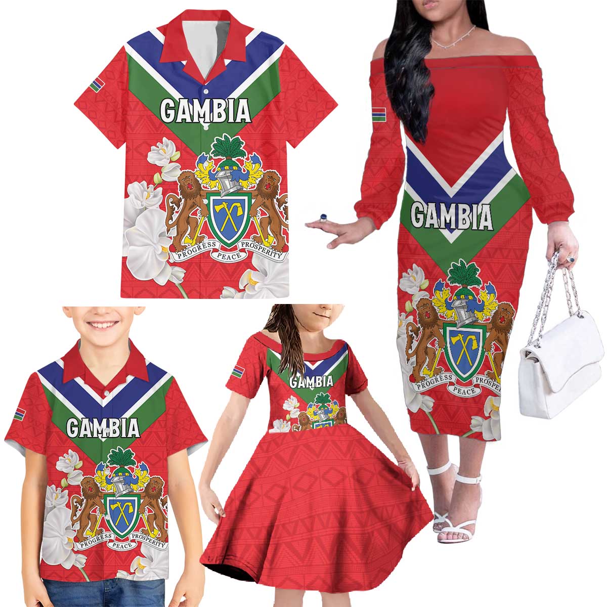 Personalized Gambia Family Matching Off The Shoulder Long Sleeve Dress and Hawaiian Shirt Coat Of Arms White Variety Orchid