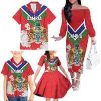 Personalized Gambia Family Matching Off The Shoulder Long Sleeve Dress and Hawaiian Shirt Coat Of Arms White Variety Orchid