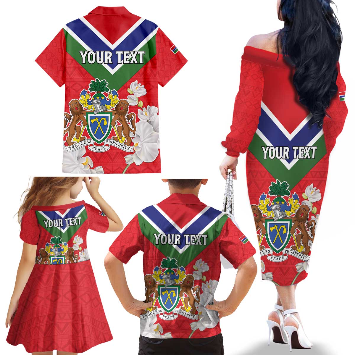 Personalized Gambia Family Matching Off The Shoulder Long Sleeve Dress and Hawaiian Shirt Coat Of Arms White Variety Orchid