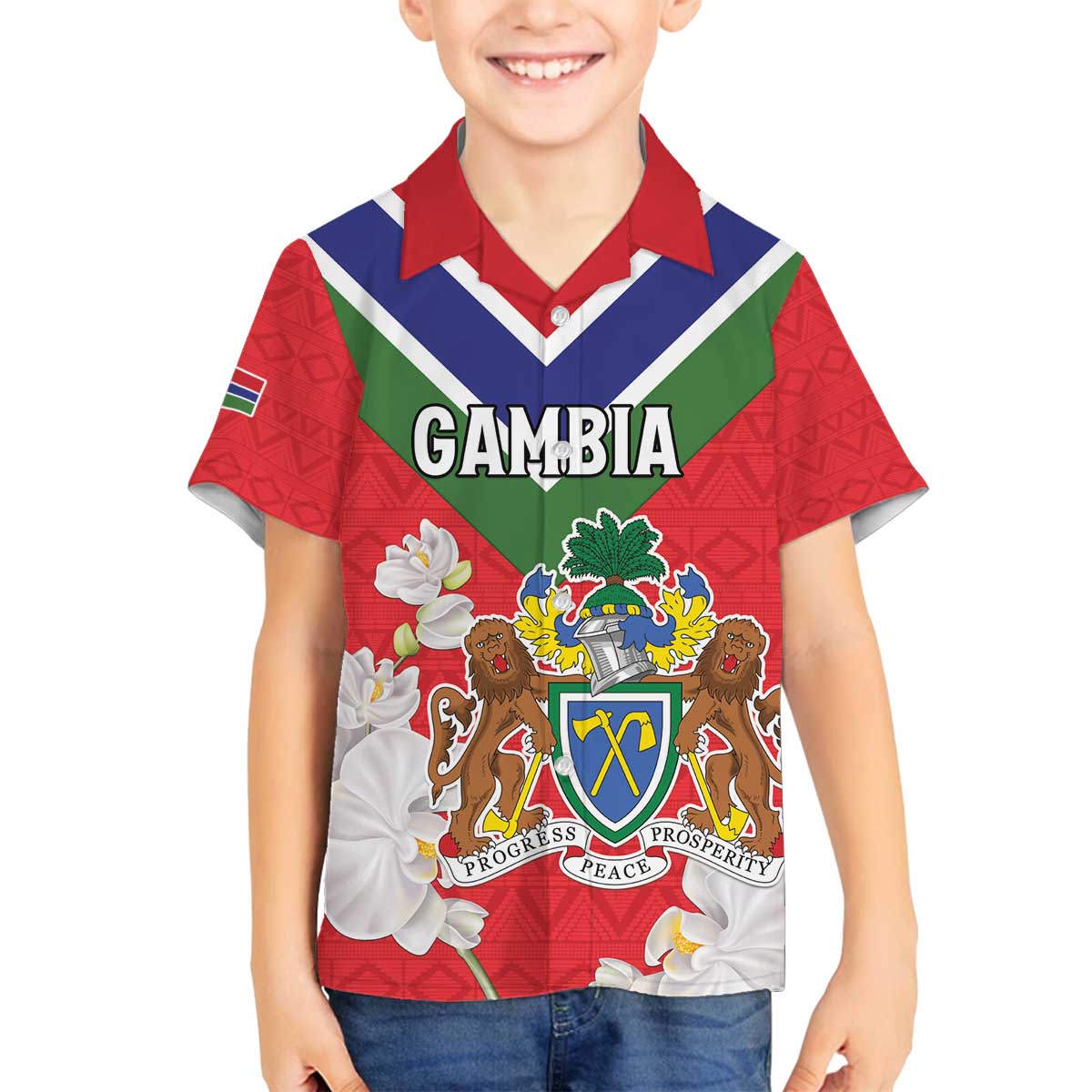 Personalized Gambia Family Matching Off The Shoulder Long Sleeve Dress and Hawaiian Shirt Coat Of Arms White Variety Orchid