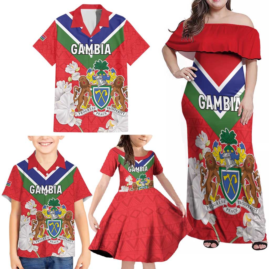 Personalized Gambia Family Matching Off Shoulder Maxi Dress and Hawaiian Shirt Coat Of Arms White Variety Orchid