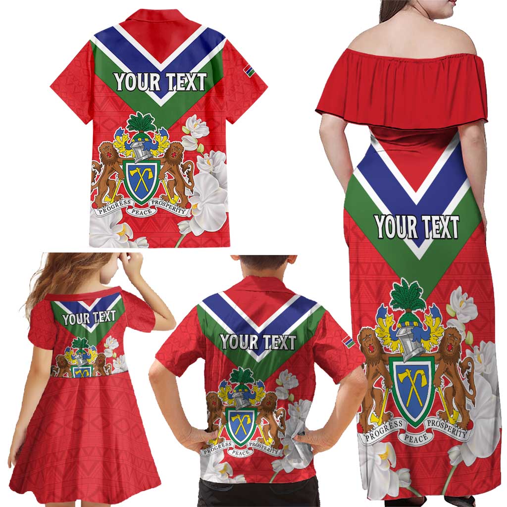 Personalized Gambia Family Matching Off Shoulder Maxi Dress and Hawaiian Shirt Coat Of Arms White Variety Orchid