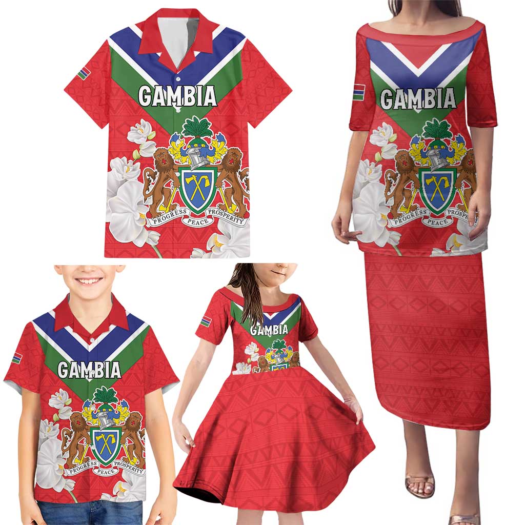 Personalized Gambia Family Matching Puletasi and Hawaiian Shirt Coat Of Arms White Variety Orchid