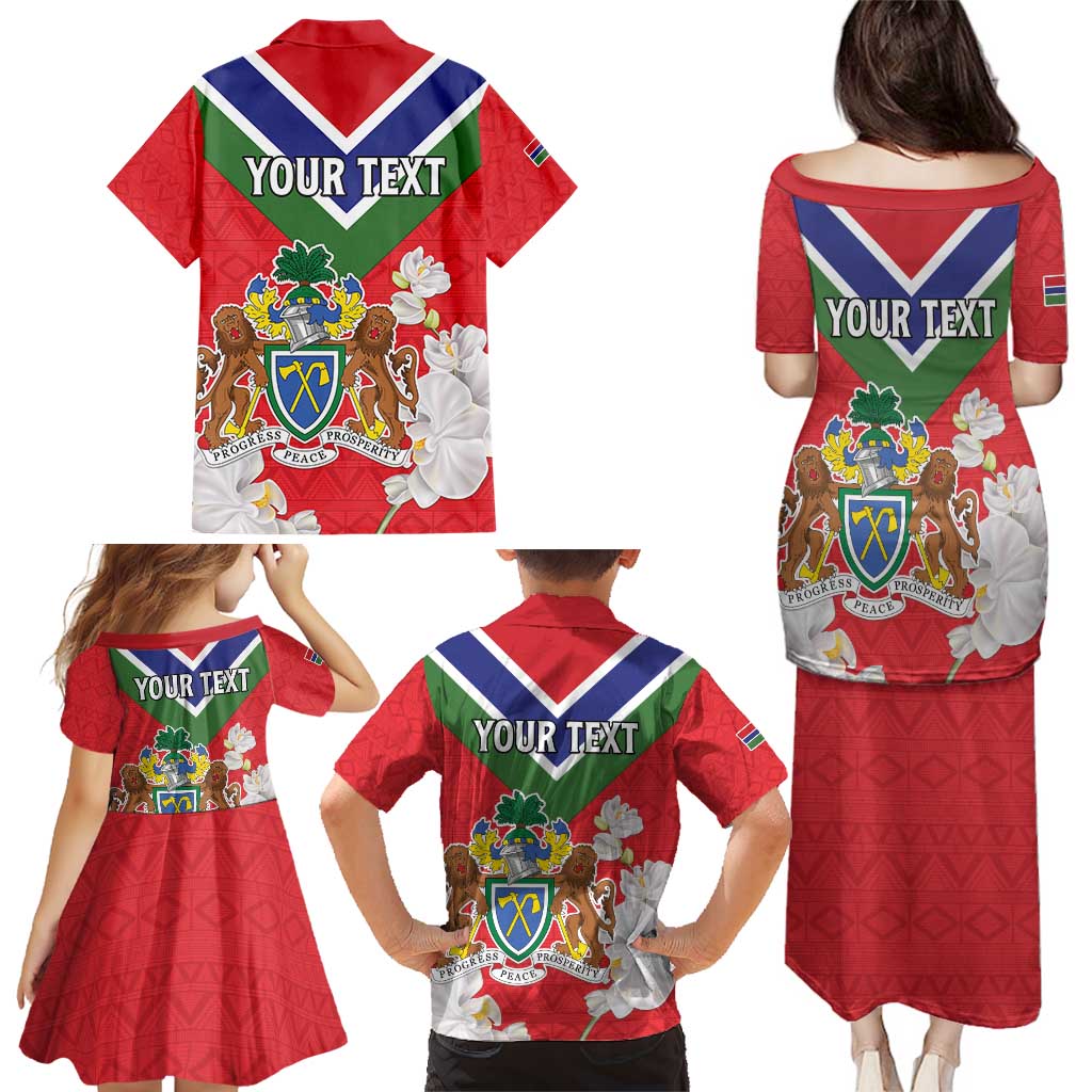 Personalized Gambia Family Matching Puletasi and Hawaiian Shirt Coat Of Arms White Variety Orchid