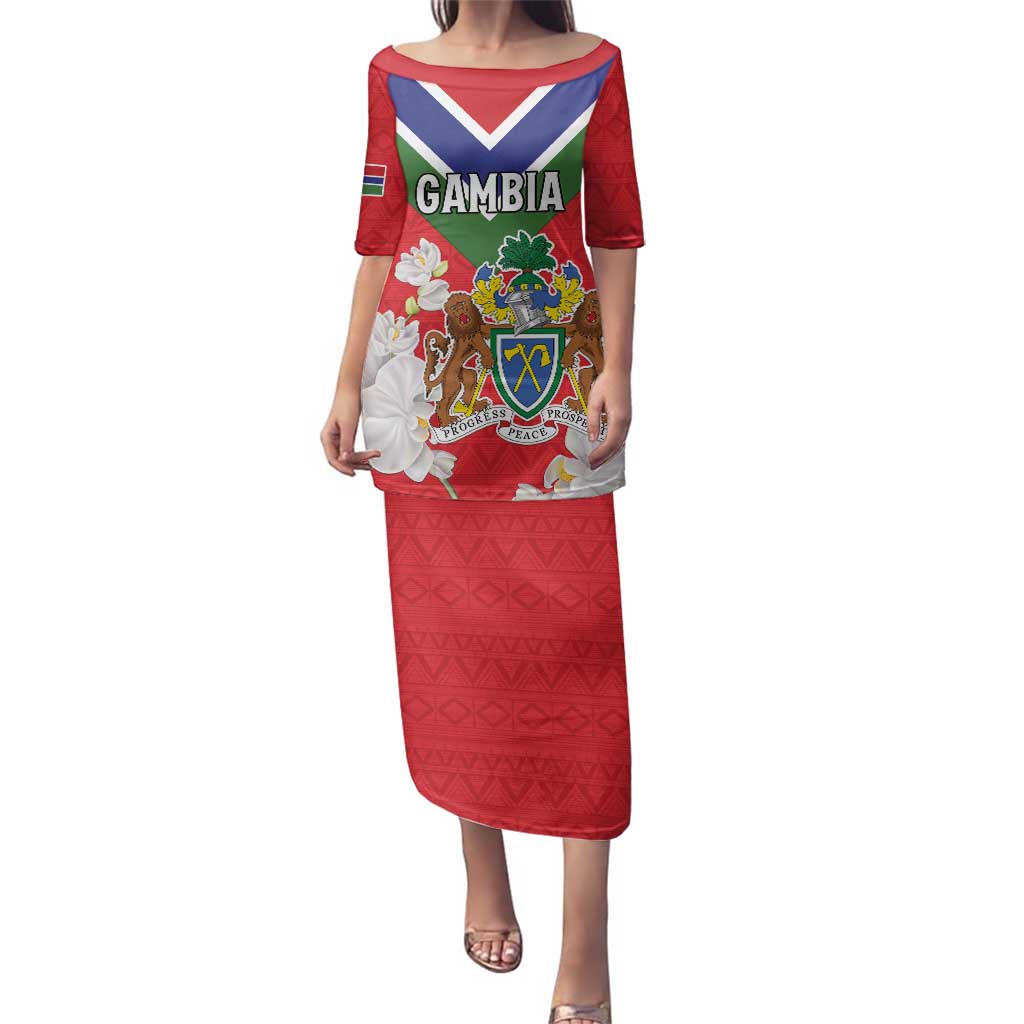 Personalized Gambia Family Matching Puletasi and Hawaiian Shirt Coat Of Arms White Variety Orchid