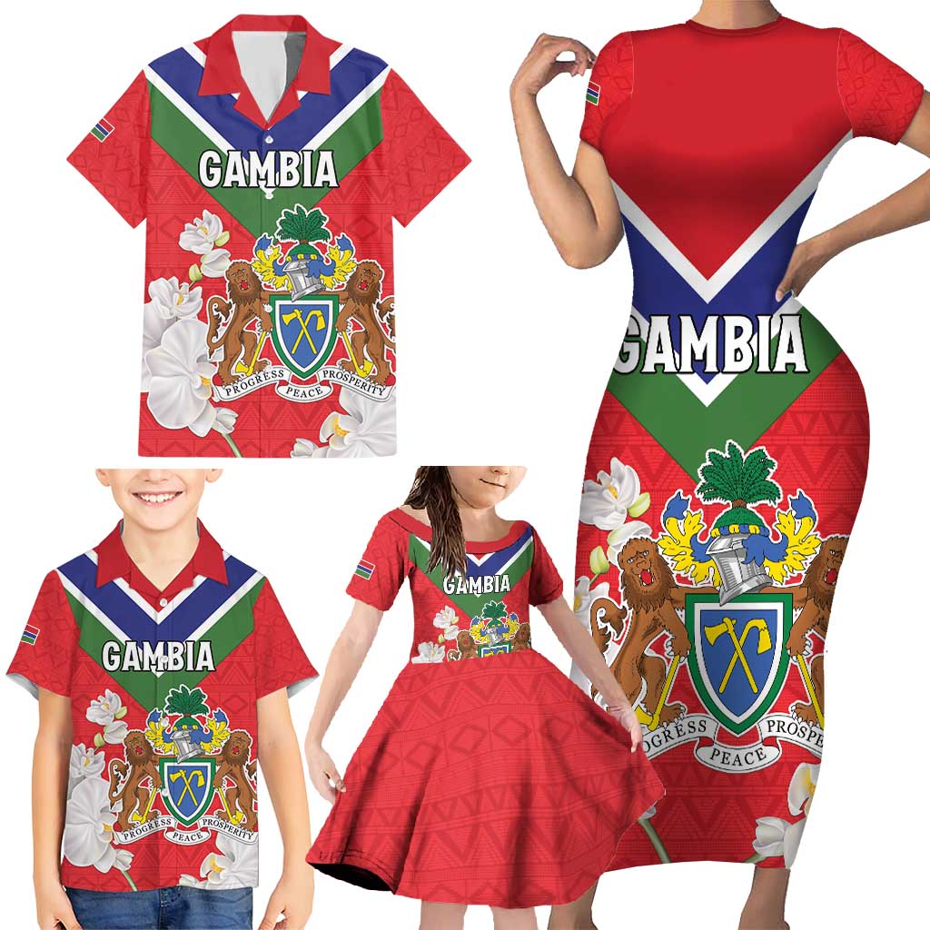 Personalized Gambia Family Matching Short Sleeve Bodycon Dress and Hawaiian Shirt Coat Of Arms White Variety Orchid
