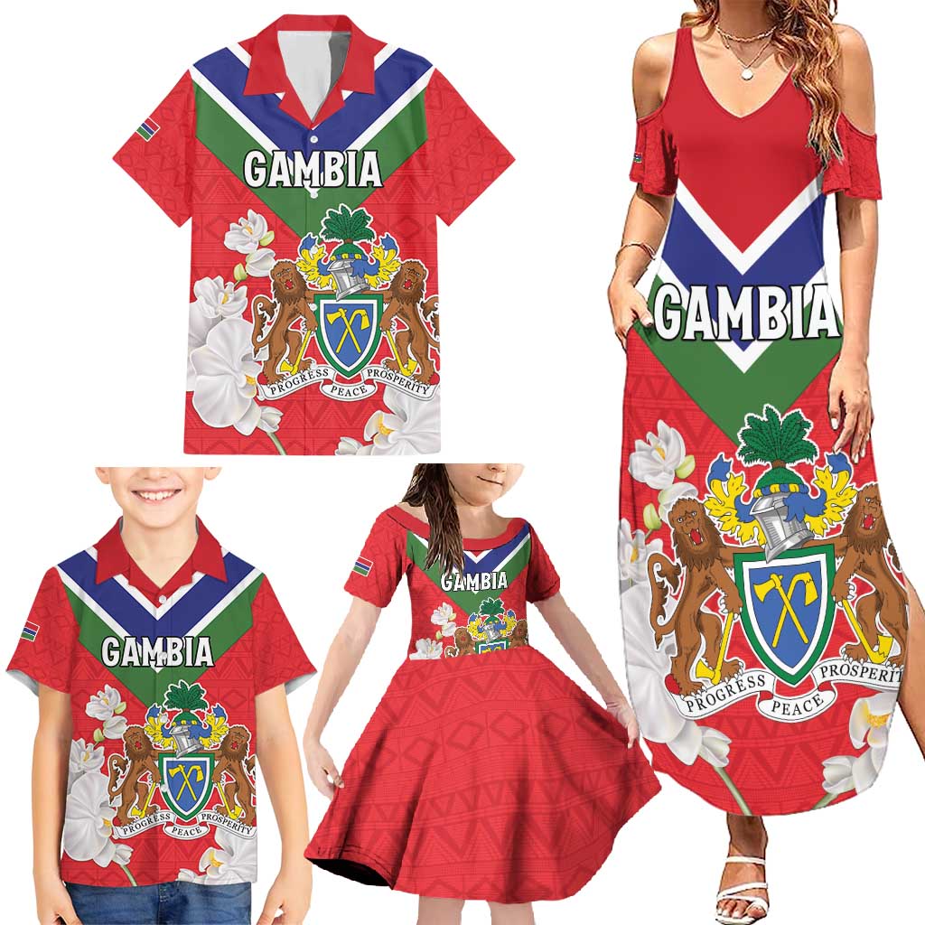 Personalized Gambia Family Matching Summer Maxi Dress and Hawaiian Shirt Coat Of Arms White Variety Orchid